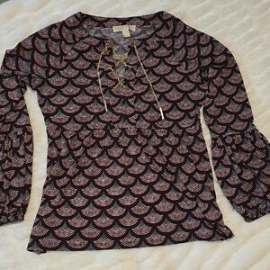Michael Kors Black and Pink Lace-Up Printed Long Sleeve Top